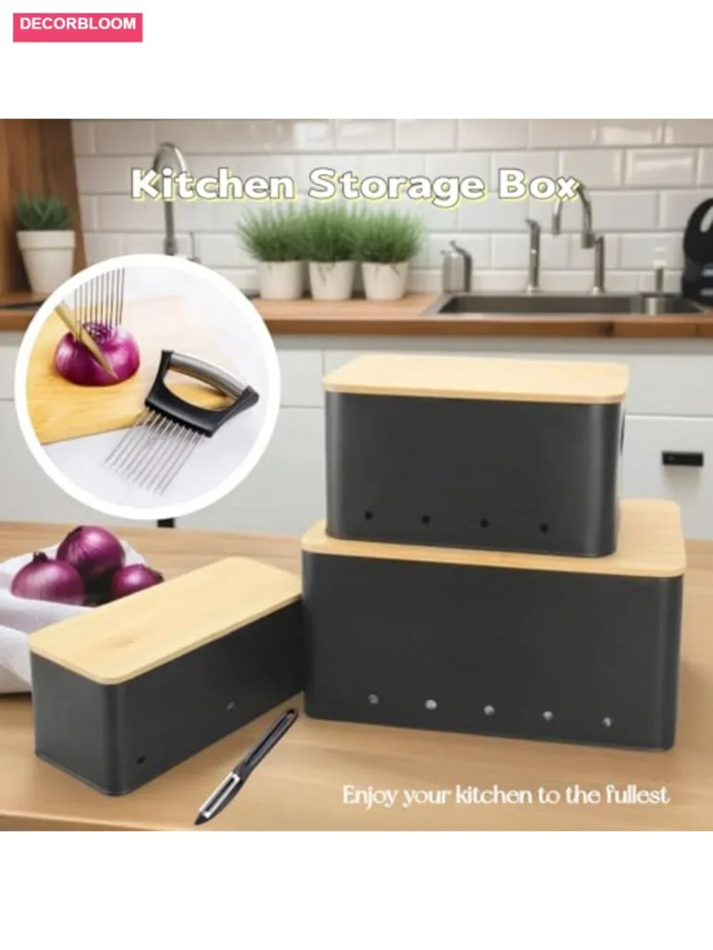 Modern Kitchen Storage Container Set of 3 Stackable Metal Boxes with Wooden